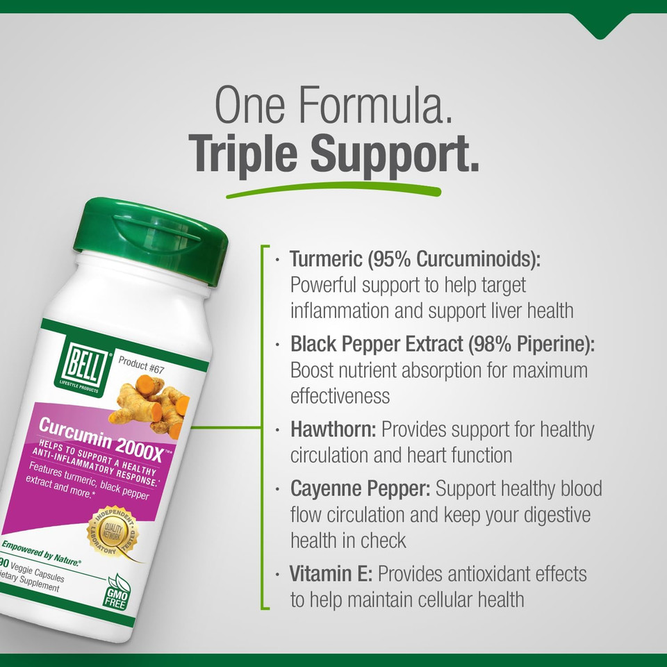 Bell Curcumin Supplements, Curcumin 2000X® - Proprietary Blend With Turmeric, Black Pepper, Vitamin E, Hawthorn- Help Support Digestion, Inflammation, Cardiovascular Health & Peripheral -90 Units