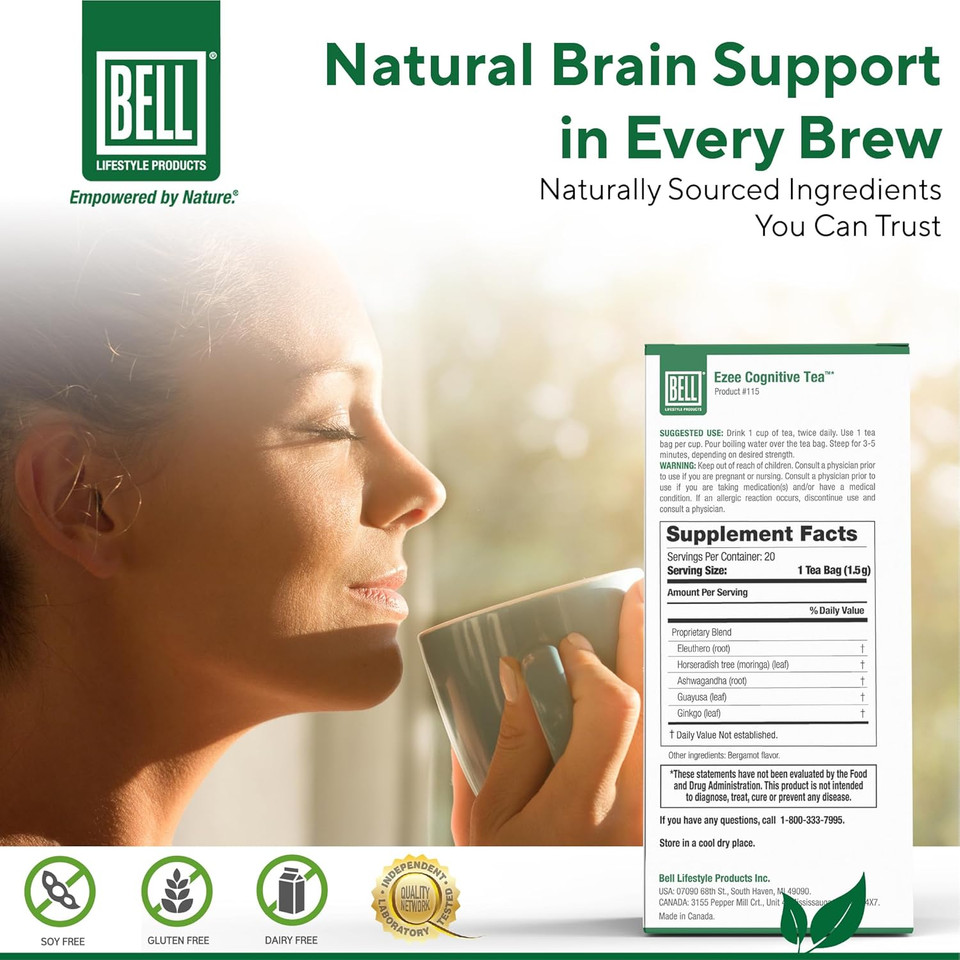 Bell Ezee Cognitive Tea Lifestyle Products - Herbal Tea To Help Support Mental Clarity With Ginkgo, Ashwagandha, Moringa, Natural, Vegan, 20 Tea Bags