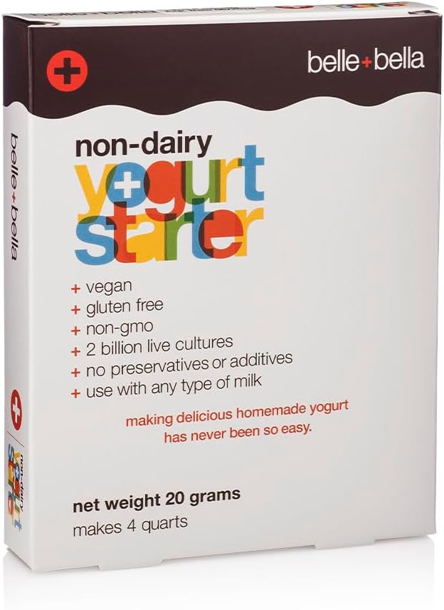 Belle + Bella Non-Dairy Vegan Yogurt Starter - Gluten Free, No Added Sugar, Non Gmo - Makes 12 Quarts Vegan Yogurt - 2 Billion Live Cultures - Mix With Any Dairy Free Or Dairy Milk - 3 Boxes