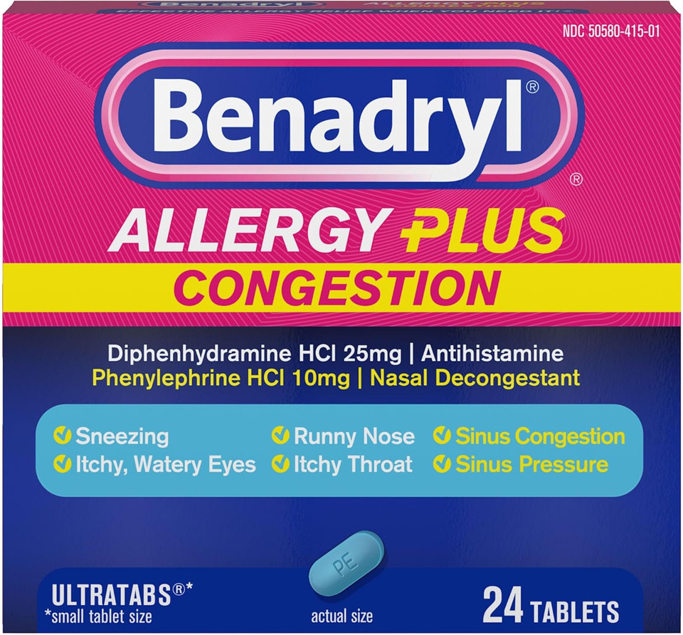 Benadryl Allergy Plus Congestion Ultratabs, Medicine With Diphenhydramine Hcl Antihistamine & Phenylephrine Hcl Nasal Decongestant, Allergy & Sinus Congestion Relief Tablets, 24 Ct