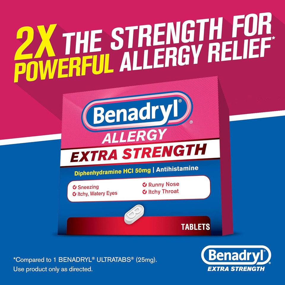 Benadryl Extra Strength Allergy Relief Medicine, 50 Mg Diphenhydramine Hcl Antihistamine Tablets For Relief Of Allergy Symptoms Due To Hay Fever Or Other Upper Respiratory Allergies, 24 Ct