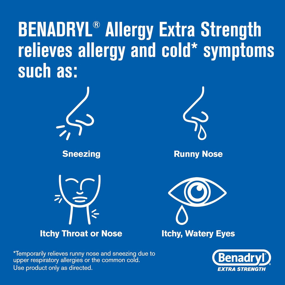 Benadryl Extra Strength Allergy Relief Medicine, 50 Mg Diphenhydramine Hcl Antihistamine Tablets For Relief Of Allergy Symptoms Due To Hay Fever Or Other Upper Respiratory Allergies, 24 Ct