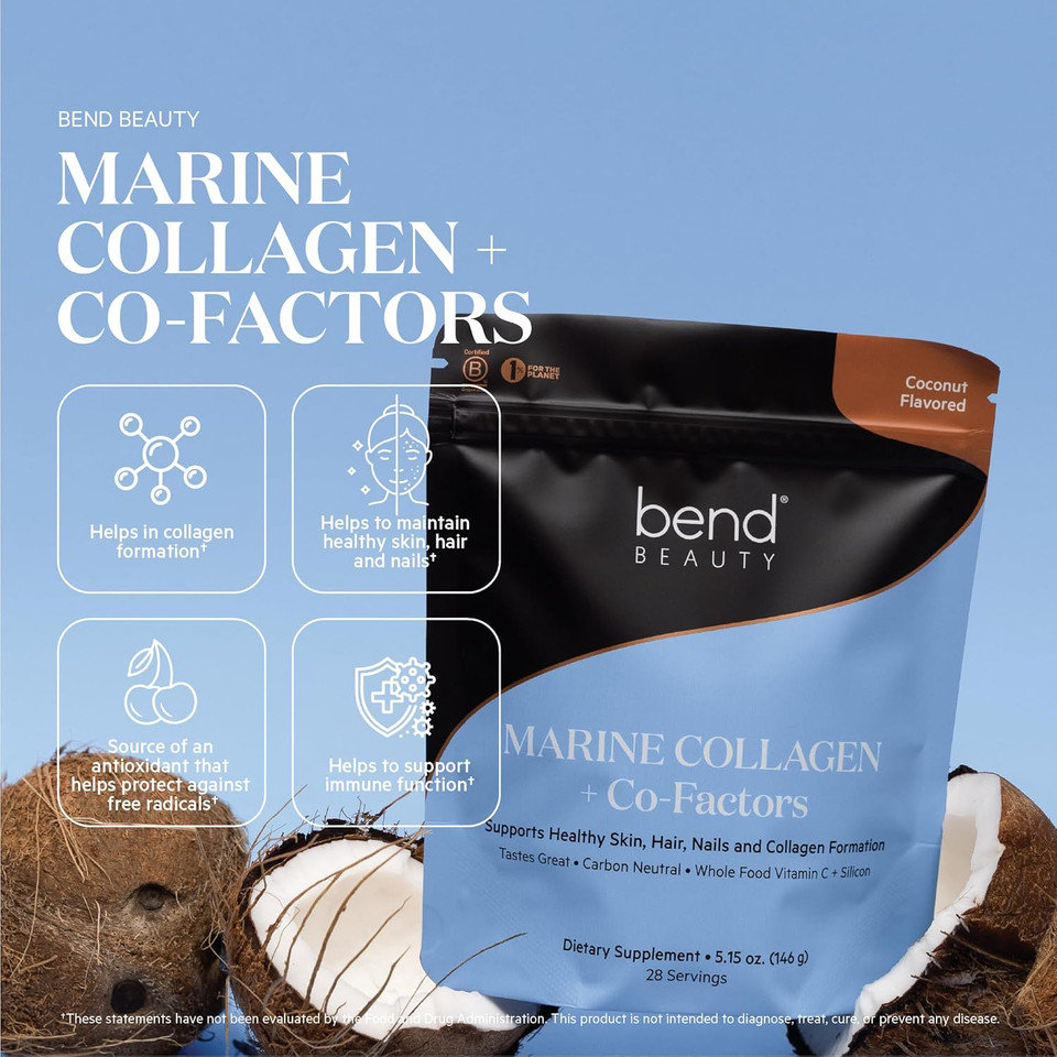Bend Beauty Marine Collagen + Co-Factors | Coconut Flavored Collagen Powder | Hydrolyzed Collagen Supplement | Fish Collagen Peptides + Silicon + Vitamin C | Supports Healthy Skin, Hair And Nails