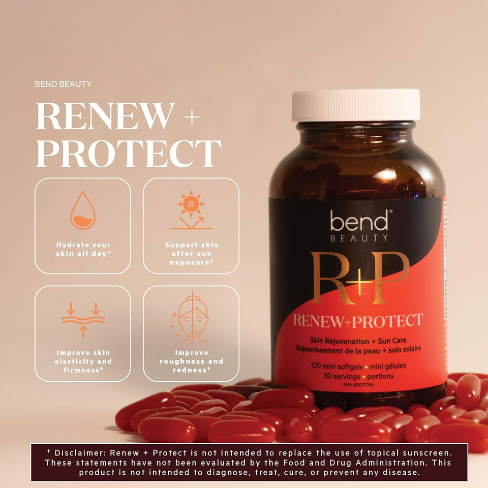 Bend Beauty Renew + Protect | Skin Health Dietary Supplement | Improves Skin Hydration, Skin Elasticity And Firmness | Skin Antioxidant Supplement | Skin Health After Sun Exposure | 120 Softgels