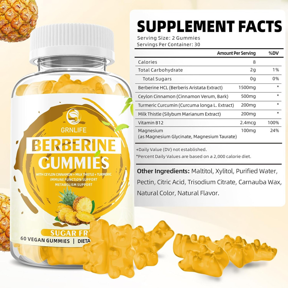 Berberine Gummies With Ceylon Cinnamon 1500Mg High Potency Berberine Hcl Supplement For Immune And Metabolism Support, Sugar Free Organic Berberine Gummies Pineapple Flavor - 120 Count