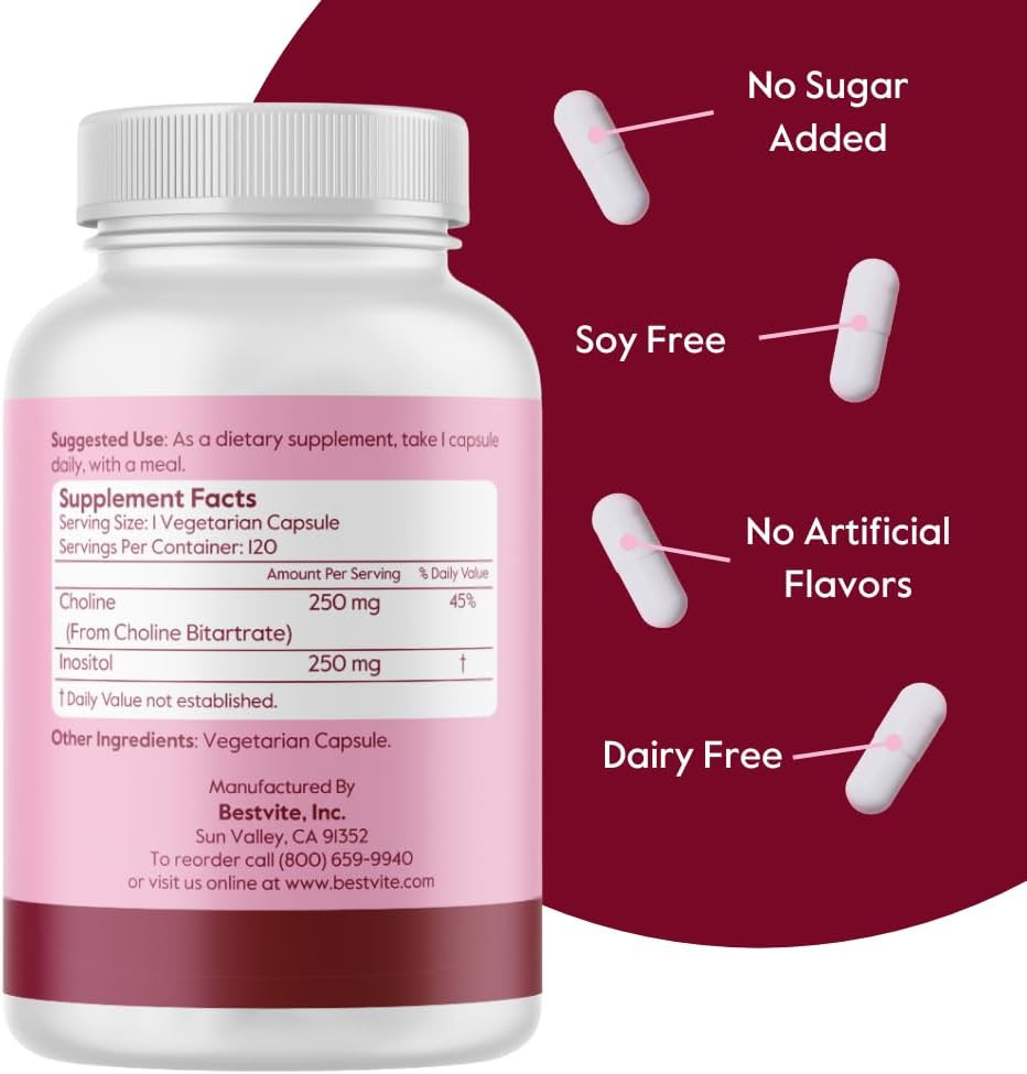 Bestvite Choline Inositol 500Mg (240 Vegetarian Capsules) (120 X 2) - No Stearates - No Dicalcium Phosphate - No Fillers - Vegan - Non Gmo - Gluten Free