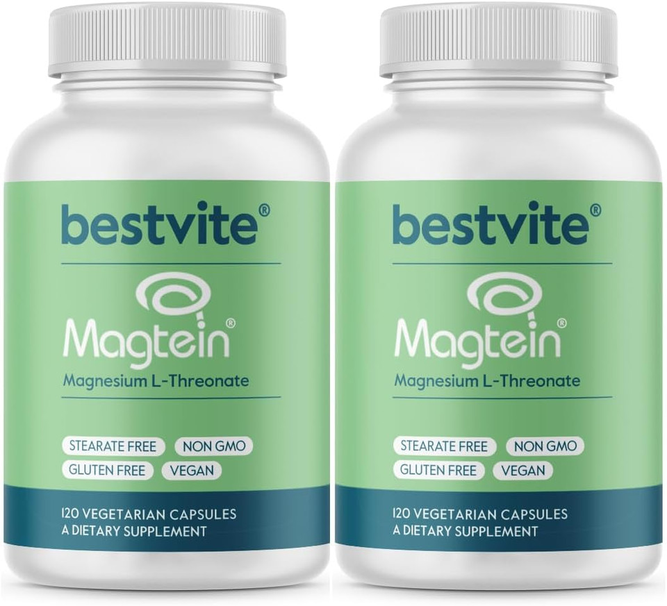 Bestvite Magtein Magnesium L-Threonate Capsules - 2000Mg Per Serving (120 Vegetarian Capsules) - Patented And Bioavailable Magnesium - No Stearates - No Fillers - Vegan - Non Gmo - Gluten Free