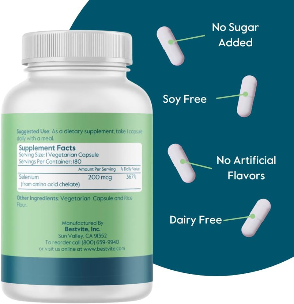 Bestvite Selenium 200Mcg (180 Vegetarian Capsules) - No Stearates - No Flow Agents - Vegan - Non-Gmo - Gluten Free