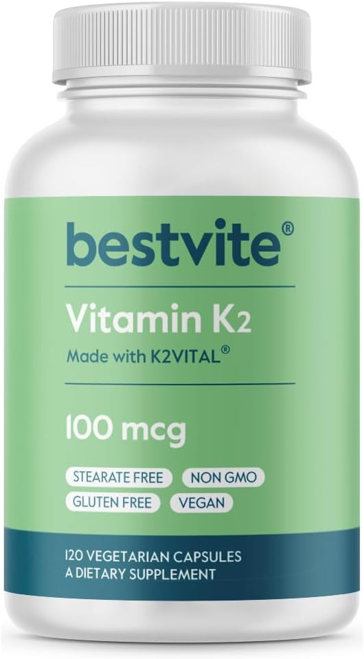 Bestvite Vitamin K2 100 Mcg As Mk-7 W/Patented K2Vital (120 Vegetarian Capsules) - No Stearates - Vegan - Non Gmo - Gluten Free