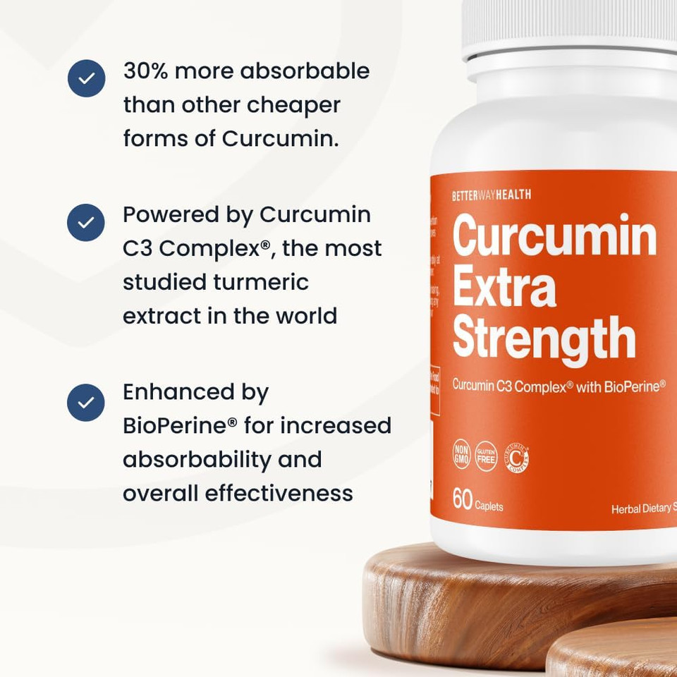 Better Way Health - Curcumin Extra Strength - Turmeric Curcumin C3® Complex + Bioperine® Black Pepper Extract - Promotes Joint & Immune Health - 1000Mg/60 Caplets