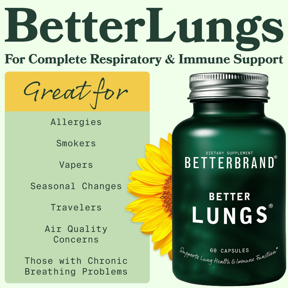 Betterbrand Betterlungs Daily Respiratory Health Supplement | With Mullein Leaf, Elderberry, Vitamin D, Ginseng And Reishi Mushroom | Lung Health, Allergy, Sinus, And Mucus Relief (60 Capsules)