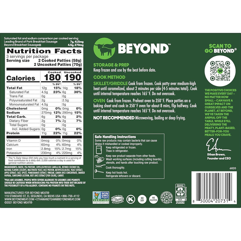 Beyond Meat Beyond Breakfast Sausage Plant-Based Breakfast Patties, Spicy 7.4 Oz