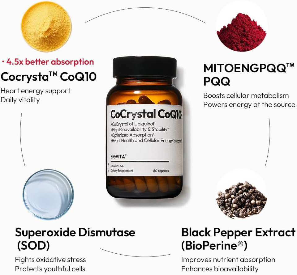 Bigvita Cocrystal Coq10+ | High Absorption Ubiquinol With Pqq Sod & Bioperine 4.5X Better Bioavailability For Heart Energy & Cellular Vitality