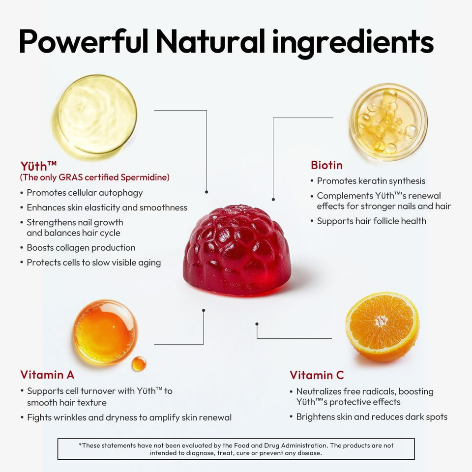 Bigvita Yuth Gummies + | Spermidine Gummies For Hair Growth, Skin & Nails | High-Purity Spermidine Supplement For Cellular Renewal & Anti-Aging | Collagen Support With Vitamin C & Vitamin A