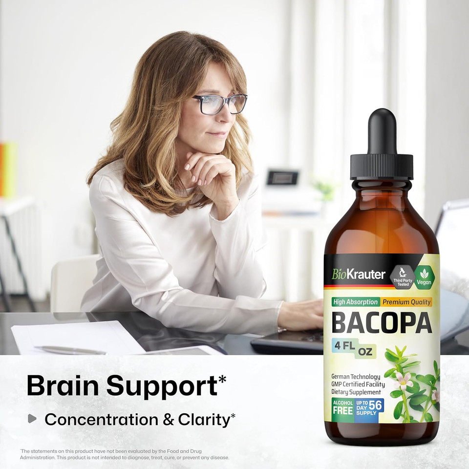 Bio Krauter Bacopa Monnieri Supplement Liquid - Brain Support Brahmi - Alcohol & Sugar Free Liquid Bacopa Herb Drops 4 Fl.Oz