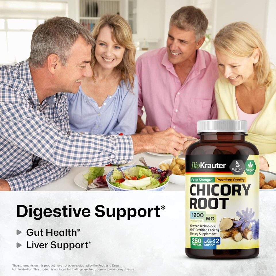 Bio Krauter Chicory Fiber Supplement - 1200 Mg Strength - 250 Count - Chicory Root Powder - Inulin Capsules For Digestive Support - Vegan