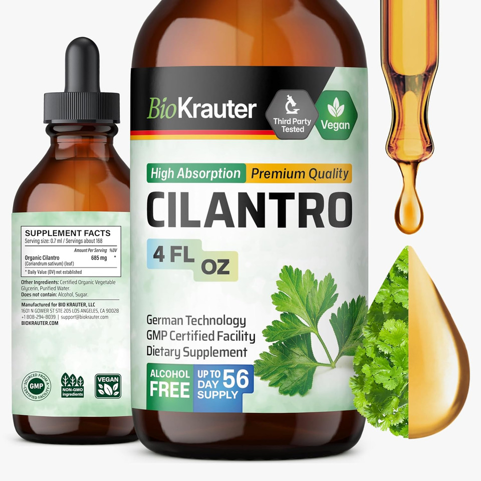 Bio Krauter Cilantro Supplement - Rich Source Of Antioxidants - Natural Cleansing & Detox Cilantro Tincture - Vegan, Alcohol Free Drops 2 Fl. Oz