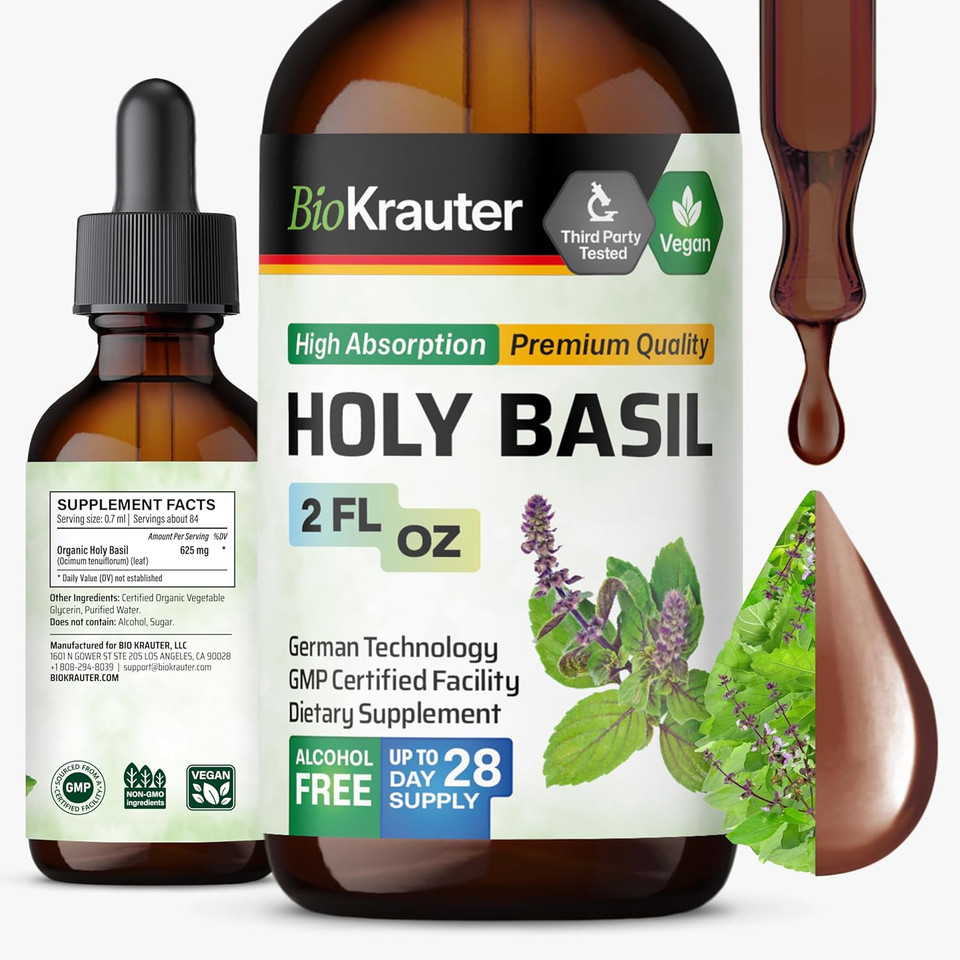 Bio Krauter Holy Basil Tincture - Tulsi Powder Liquid Extract - Supports Calmness And Relaxation - Ursolic Acid Supplement - Alcohol And Sugar Free - Vegan Drops 2 Fl.Oz