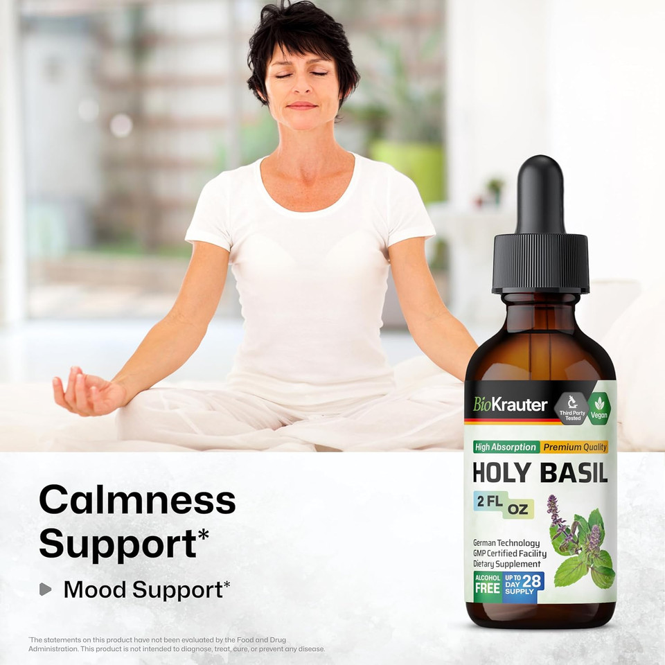 Bio Krauter Holy Basil Tincture - Tulsi Powder Liquid Extract - Supports Calmness And Relaxation - Ursolic Acid Supplement - Alcohol And Sugar Free Holy Basil Extract - Vegan Drops 4 Fl.Oz