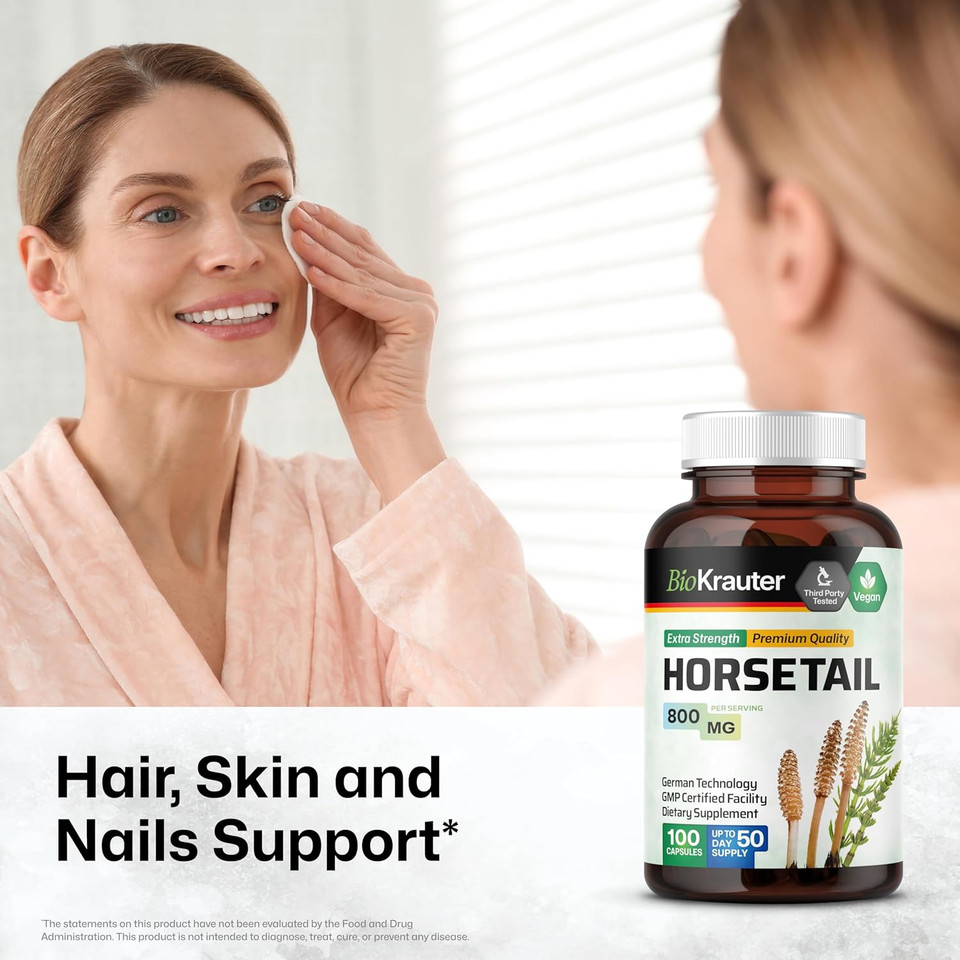 Bio Krauter Horsetail Herb Capsules - 800 Mg Strength - 100 Count - Horsetail Powder Capsules - Hair Support