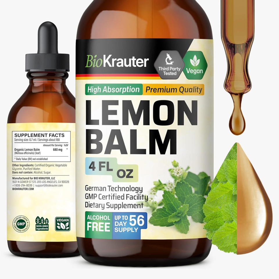 Bio Krauter Lemon Balm Leaf Extract - Vegan Melissa Lemon Balm Tincture For Calmness Support - Sugar & Alcohol-Free - 2 Fl. Oz