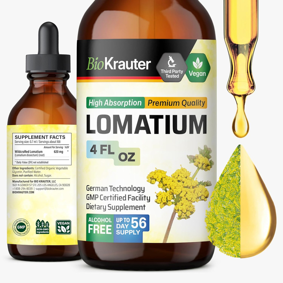 Bio Krauter Lomatium Tincture - Immune And Lung Support Supplement - Alcohol And Sugar Free Vegan Lomatium Root Tincture - 4 Fl.Oz