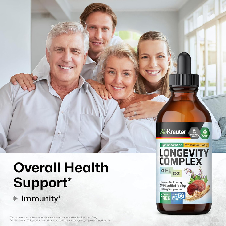 Bio Krauter Longevity Mushroom Supplement - Liquid Reishi Mushroom Complex With GoatS Rue & Red Ginseng Root Extract - Vegan Tincture - Alcohol & Sugar Free Drops 4 Fl.Oz