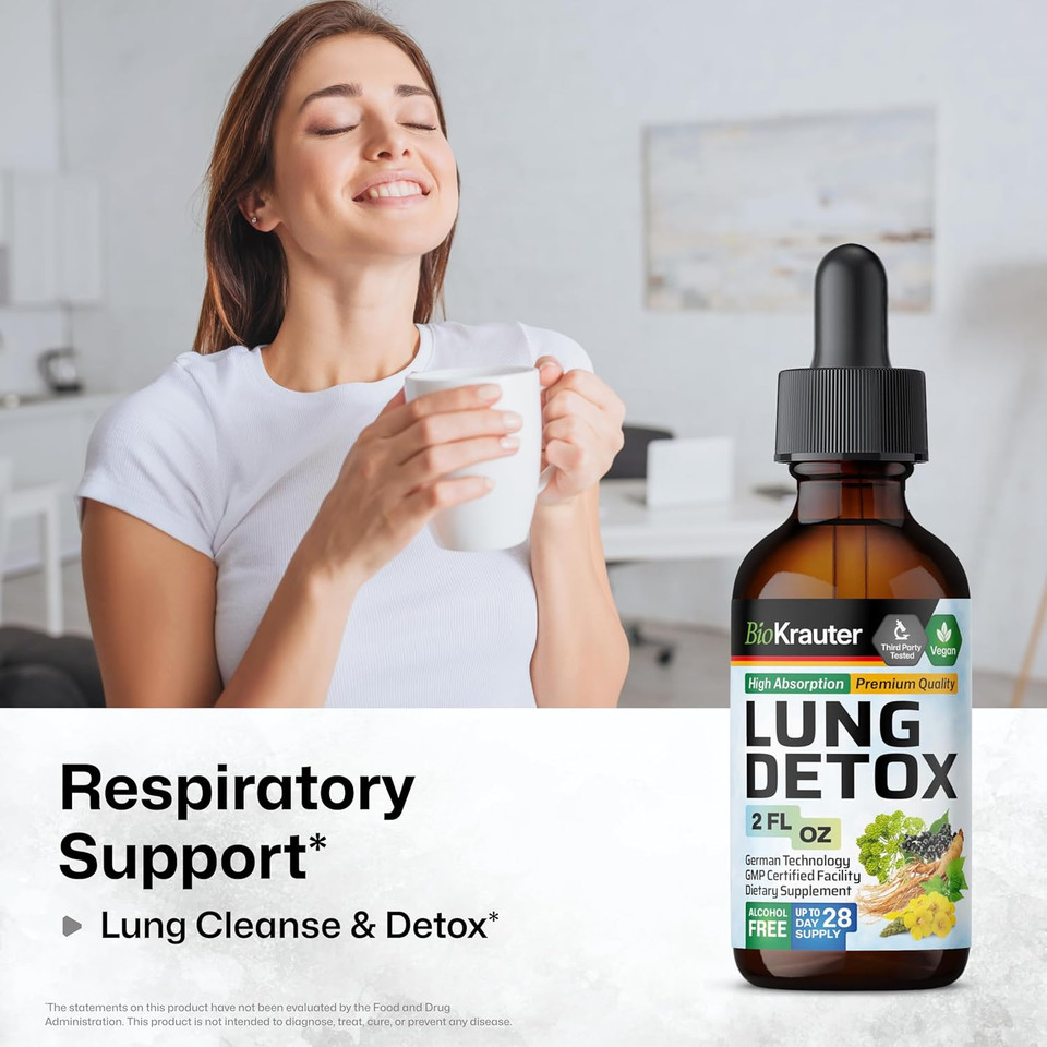 Bio Krauter Lung Detox Tincture - Mullein Leaf Liquid Extract - Vegan Lung Cleanse Drops - Respiratory Support Supplement - Mullein, Elderberry, Stinging Nettle, Ginseng & Angelica Extracts - 4 Fl.Oz