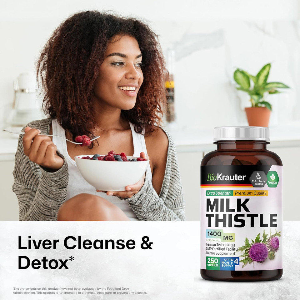 Bio Krauter Milk Thistle Capsules 1400 Mg - 250 Count - Liver Detox & Cleanse Supplement - Vegan Silymarin Capsules - Milk Thistle Powder - Non Gmo