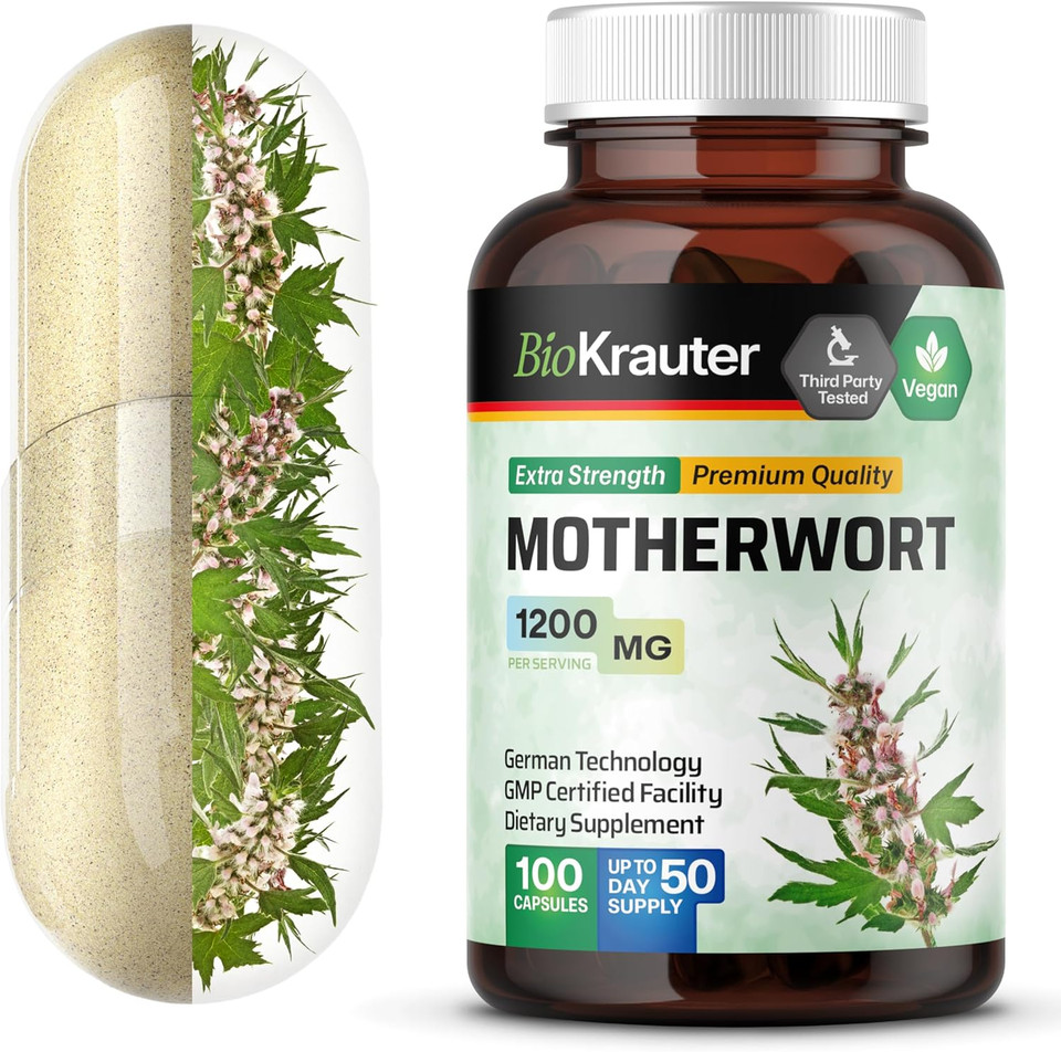 Bio Krauter Motherwort Capsules 1200 Mg - 100 Count - Motherwort Herb Supplement - Promote Relaxation - WomenS Support Capsules