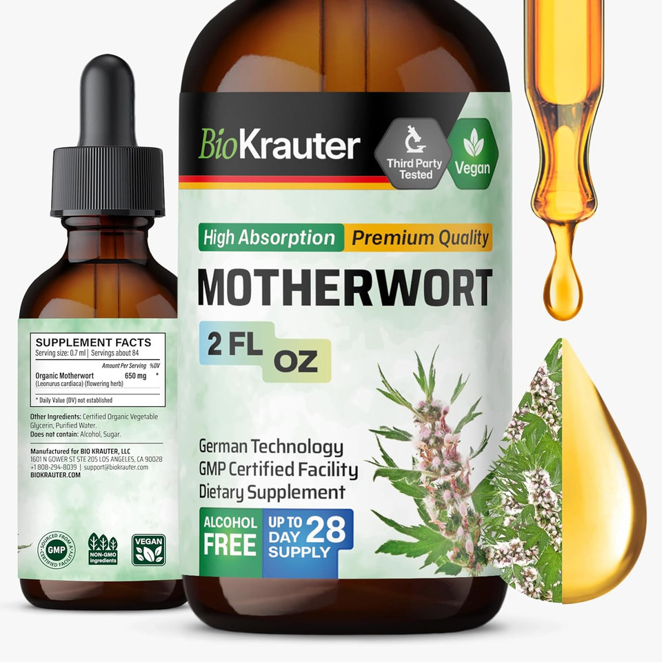 Bio Krauter Motherwort Tincture - Motherwort Herbal Extract - Liquid Supplement For WomenS Health - Promote Calm - Alcohol & Sugar Free - Vegan Drops 2 Fl.Oz