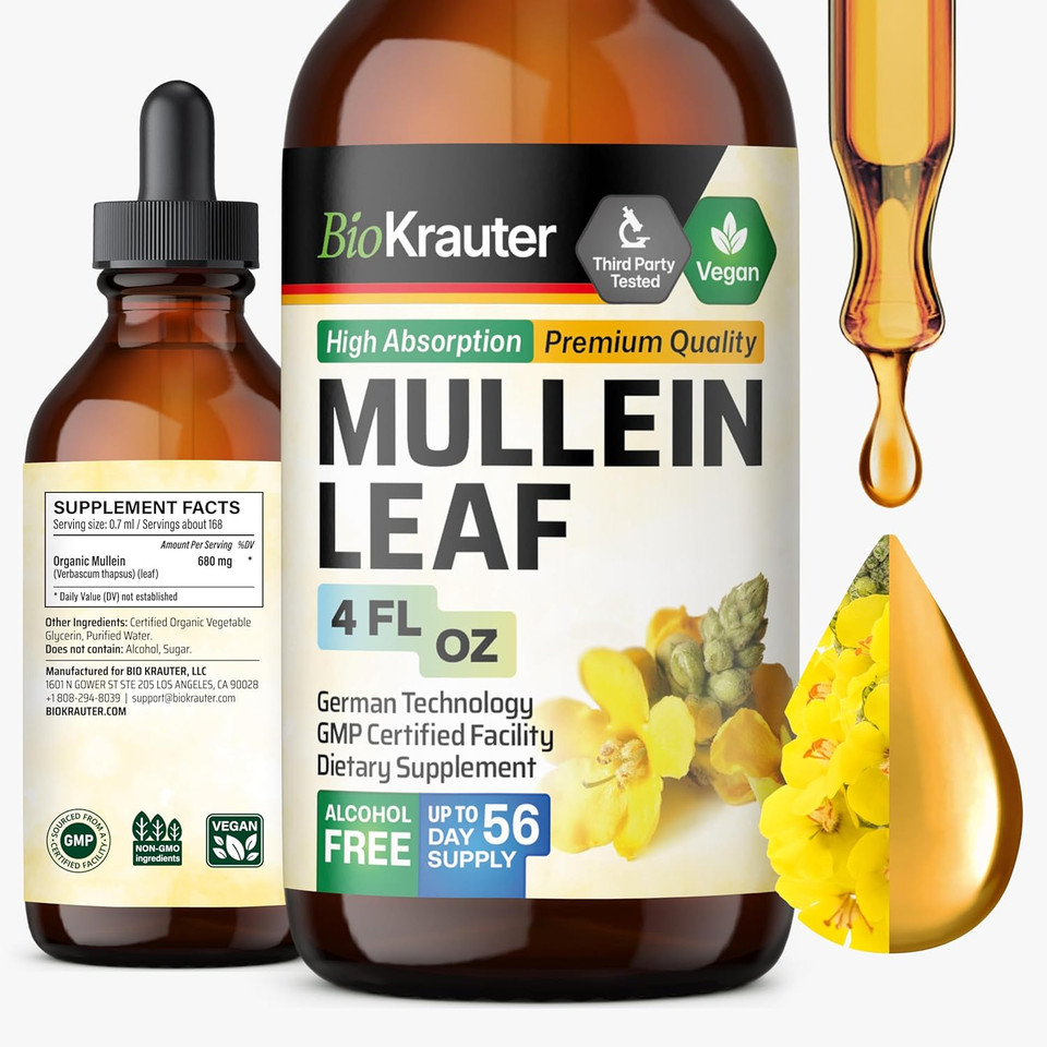 Bio Krauter Mullein Leaf Extract For Lungs 2 Fl. Oz - 28 Days Of Supply - Pure Mullein Drops For Lung Cleanse & Detox - Vegan Respiratory Supplements - Non-Gmo, No Sugar & Alcohol