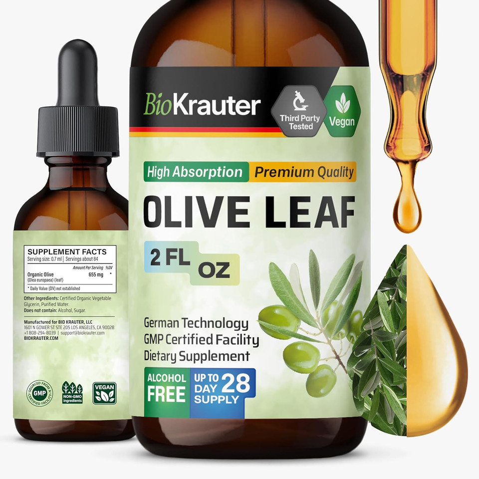 Bio Krauter Olive Leaf Extract Liquid - Olive Leaf Tincture For Immune Support - Alcohol And Sugar Free - Vegan Drops 2 Fl.Oz
