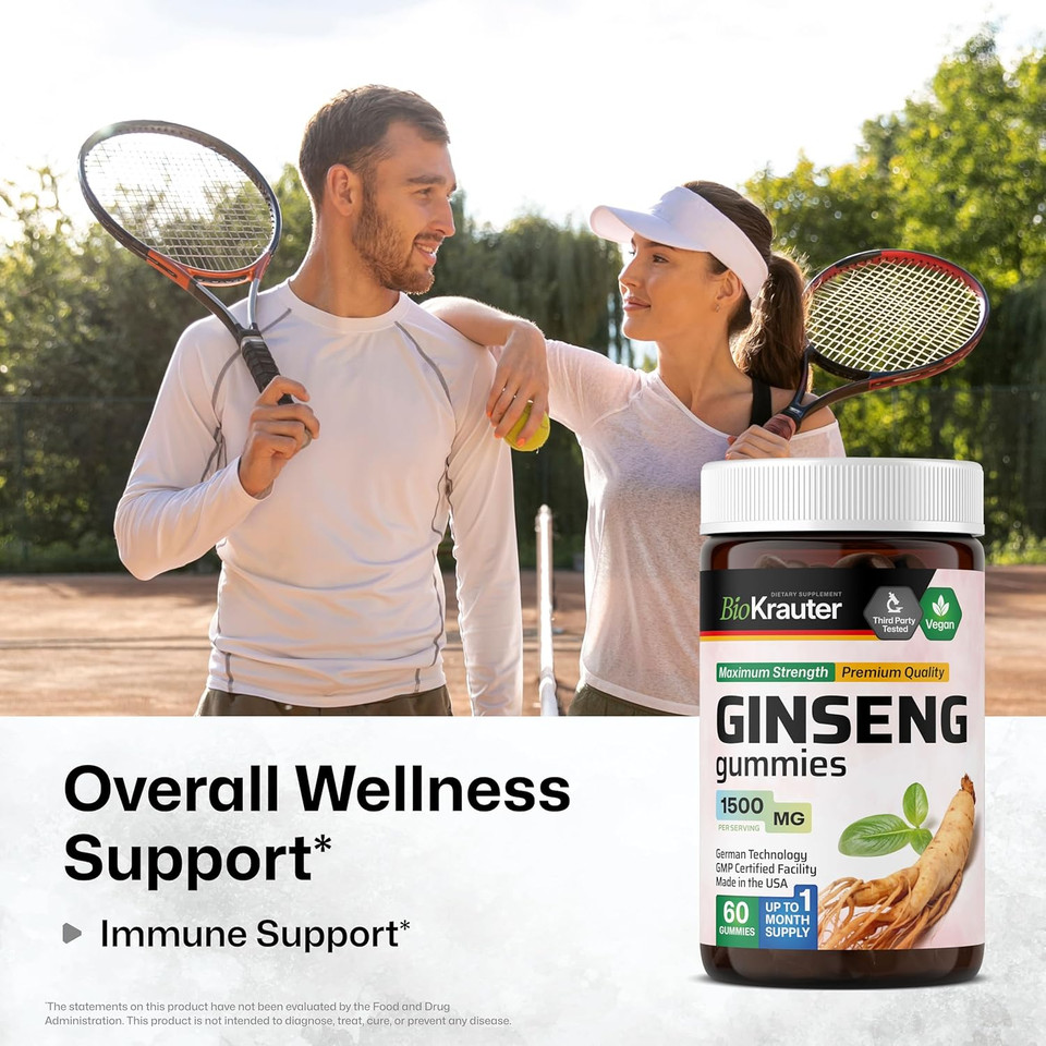 Bio Krauter Panax Ginseng Gummies - 1500 Mg Strength - 60 Count - Chewable Red Ginseng Supplement - Immune Support Gummies - Vegan, Pectin-Based, Non-Gmo