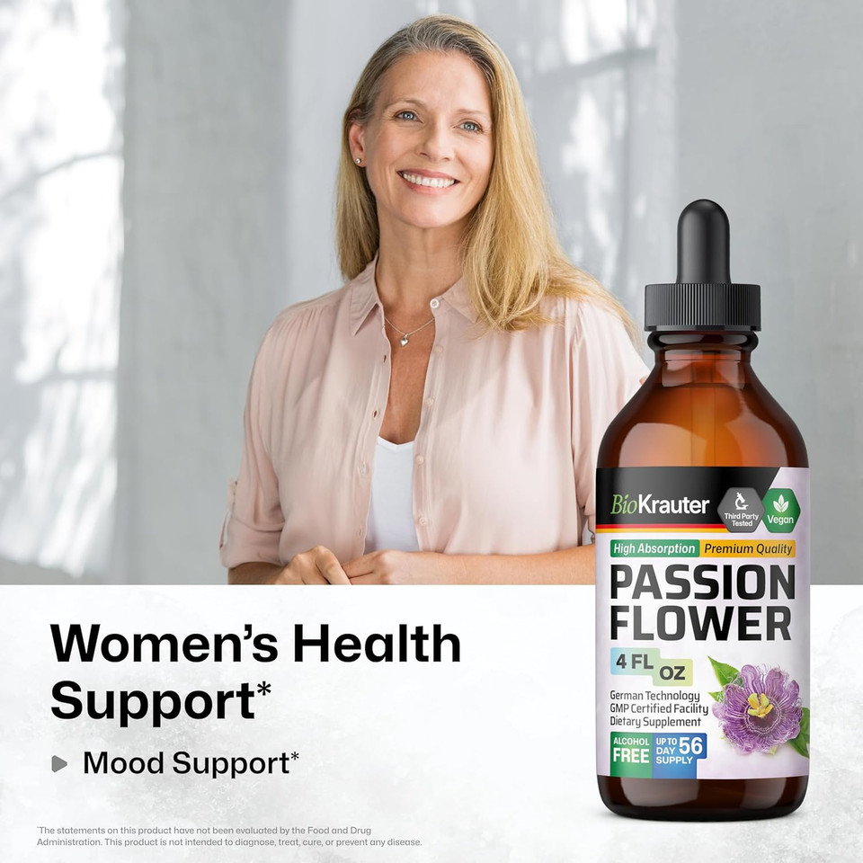 Bio Krauter Passionflower Tincture - Vegan Passion Flower Extract For Mood Support - Alcohol And Sugar Free - 4 Fl.Oz