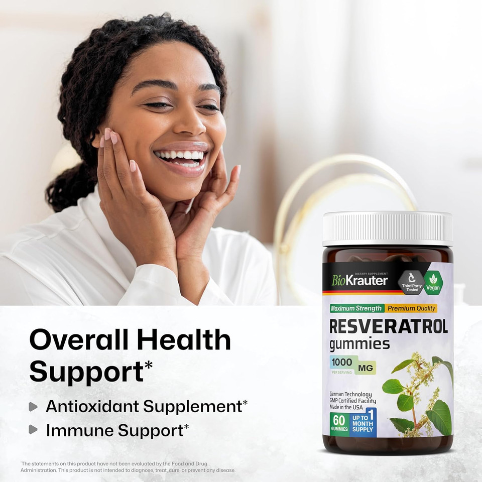 Bio Krauter Resveratrol Gummies - 1000 Mg Strength - 60 Vegan Chews - 98% Pure Trans Resveratrol Supplement - Antioxidant Support