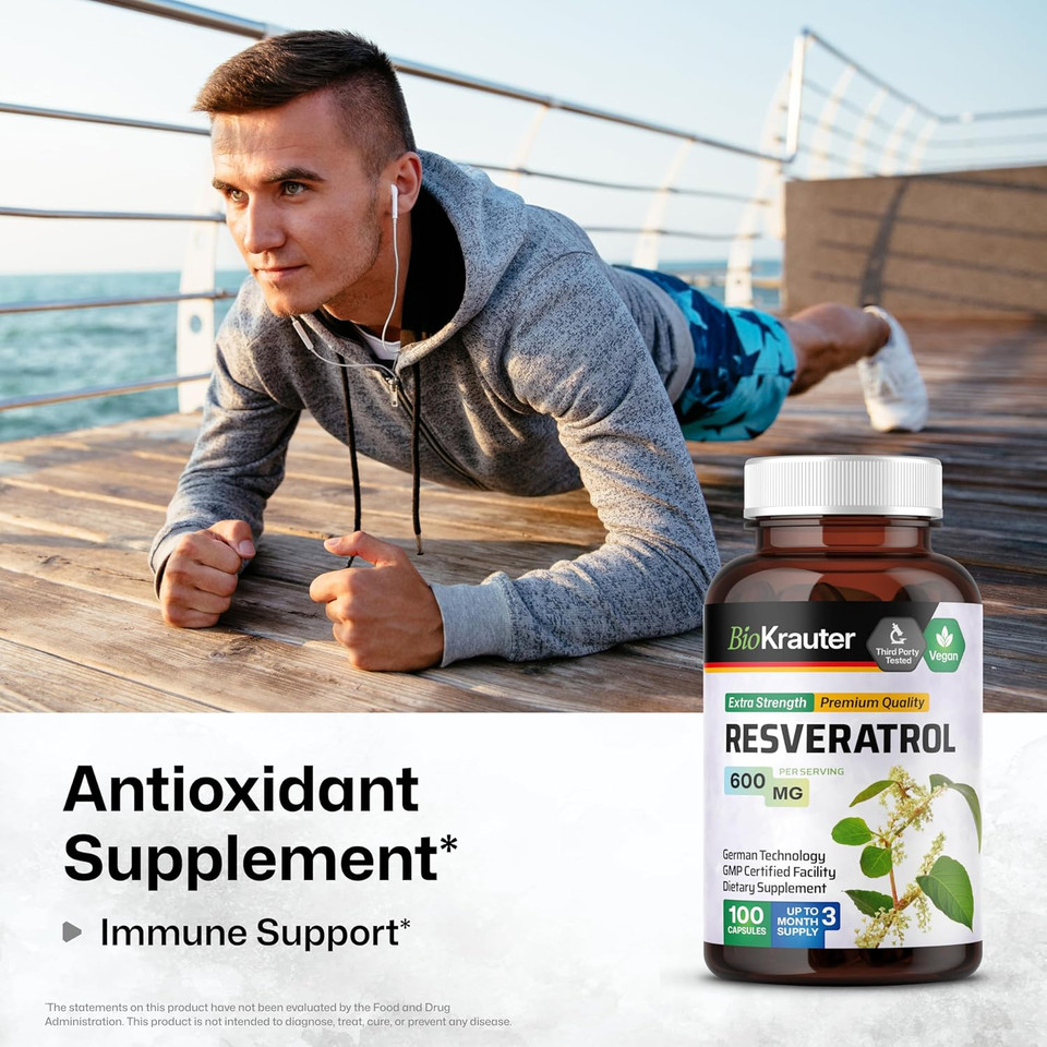 Bio Krauter Resveratrol Supplement Capsules 600 Mg - 100 Count - Natural Antioxidant Source - 98% Pure Trans Resveratrol Powder - Vegan