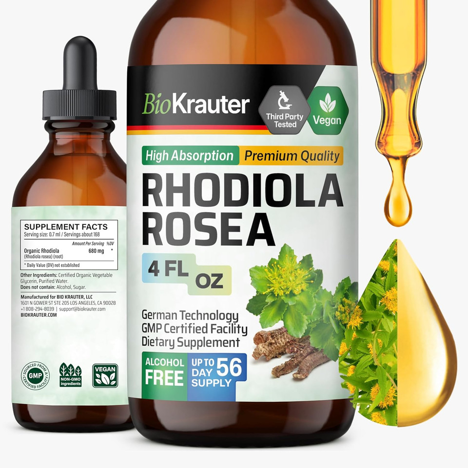 Bio Krauter Rhodiola Supplement Liquid - Pure Rhodiola Rosea Tincture For Calmness Support - Alcohol & Sugar Free Extract - 4 Fl.Oz