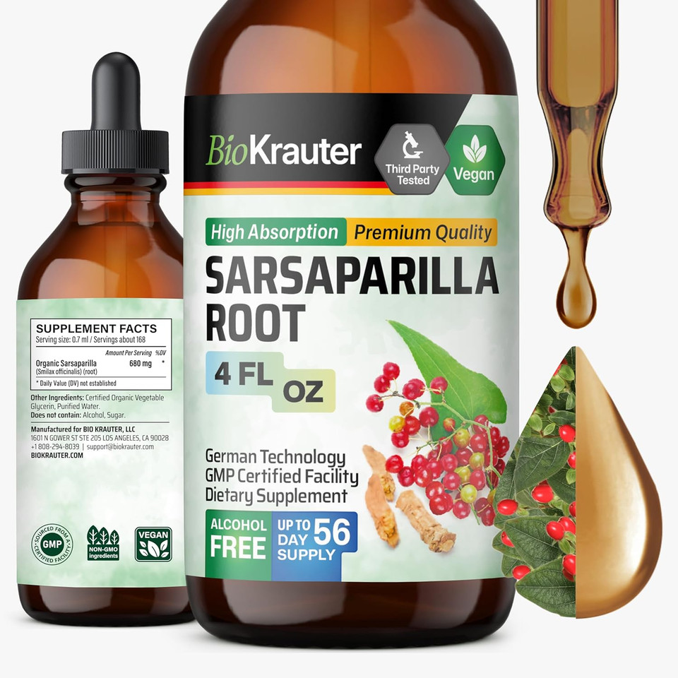 Bio Krauter Sarsaparilla Root Tincture - Herbal Liquid Extract Supplement For Liver Support - Alcohol & Sugar Free Sarsaparilla Extract - Vegan Drops 4 Fl.Oz
