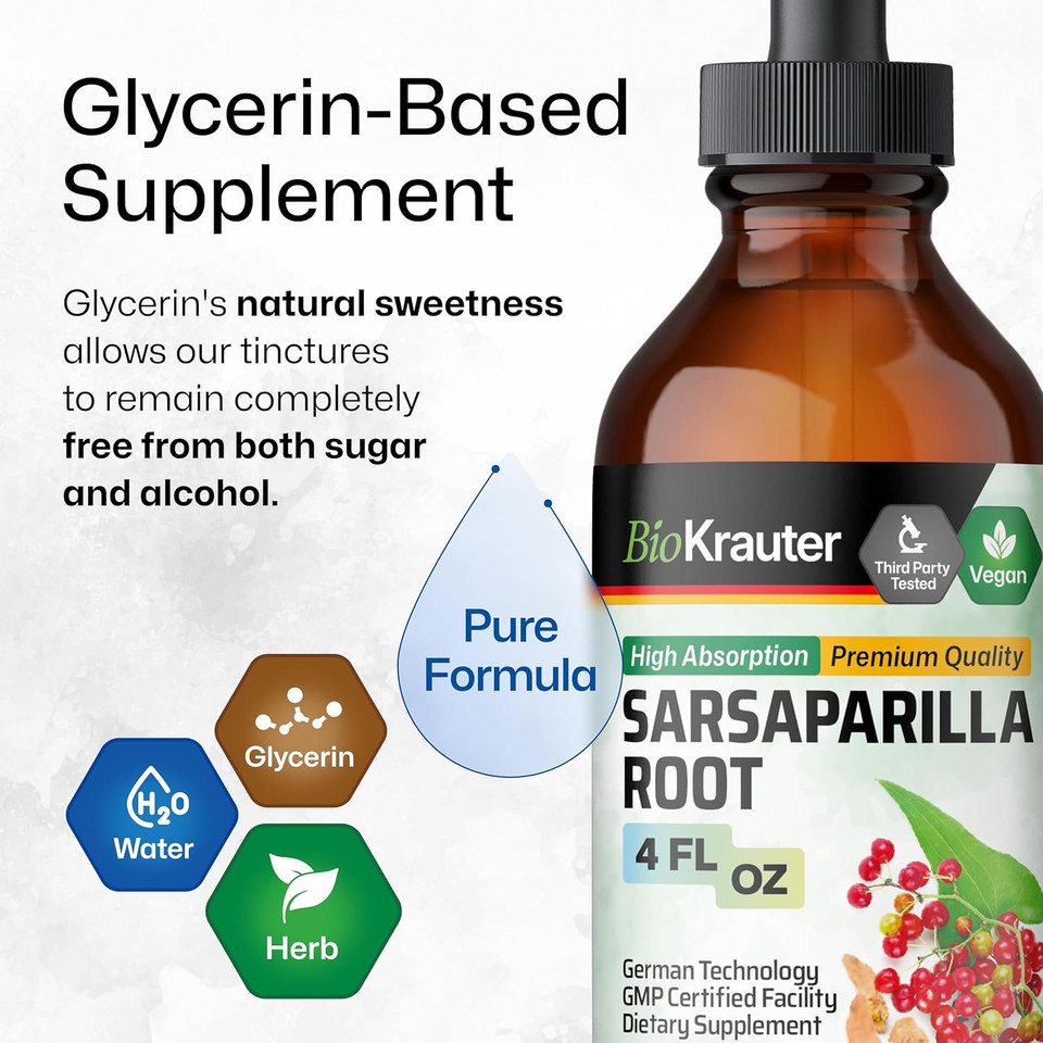 Bio Krauter Sarsaparilla Root Tincture - Herbal Liquid Extract Supplement For Liver Support - Alcohol & Sugar Free Sarsaparilla Extract - Vegan Drops 4 Fl.Oz
