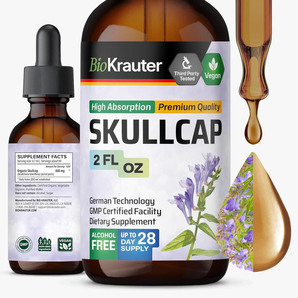 Bio Krauter Skullcap Herb Tincture - Scutellaria Lateriflora Liquid Extract - Alcohol And Sugar Free - Vegan Drops 2 Fl.Oz