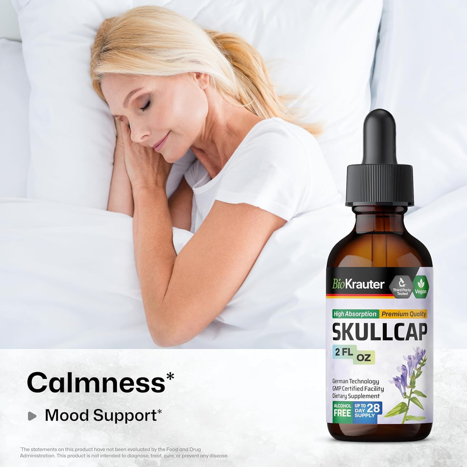 Bio Krauter Skullcap Herb Tincture - Scutellaria Lateriflora Liquid Extract - Alcohol And Sugar Free Skullcap Tincture - Vegan Drops 4 Fl.Oz