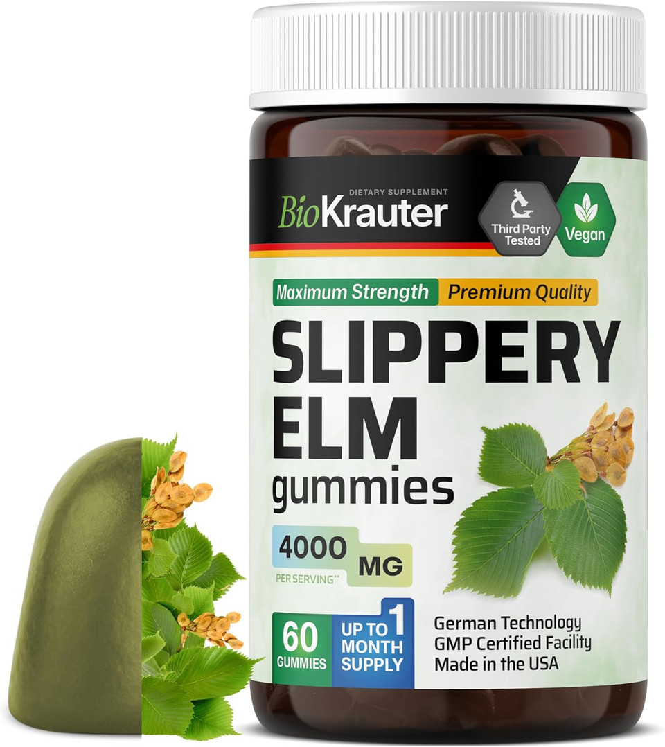 Bio Krauter Slippery Elm Gummies 4000 Mg - Digestive & Respiratory Support - 60 Ulmus Rubra Gummies - Slippery Elm Bark For Women & Men - Vegan, Gmo-Free - 30-Day Supply