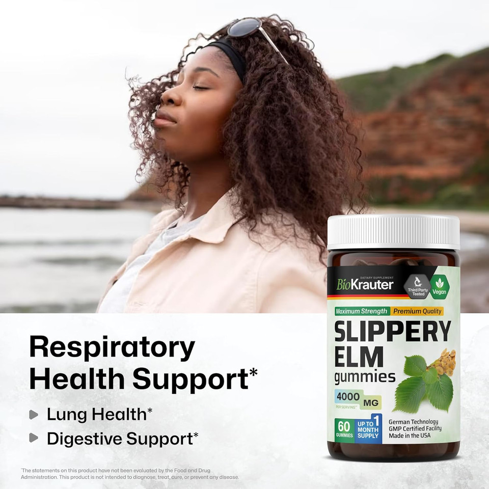 Bio Krauter Slippery Elm Gummies 4000 Mg - Digestive & Respiratory Support - 60 Ulmus Rubra Gummies - Slippery Elm Bark For Women & Men - Vegan, Gmo-Free - 30-Day Supply