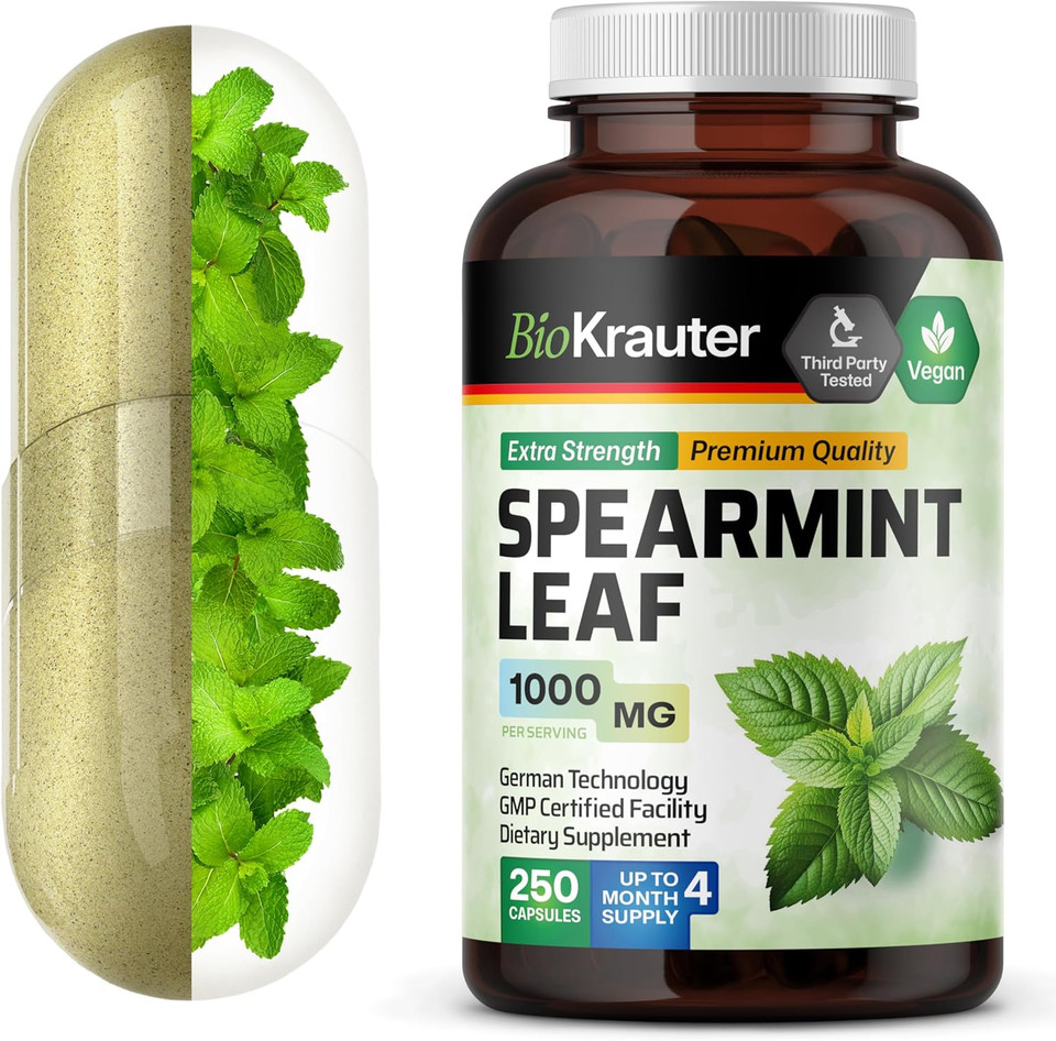 Bio Krauter Spearmint Capsules 1000 Mg - 250 Count - Vegan Spearmint Supplement For Digestive & Respiratory Support - Mentha Spicata - No Fillers