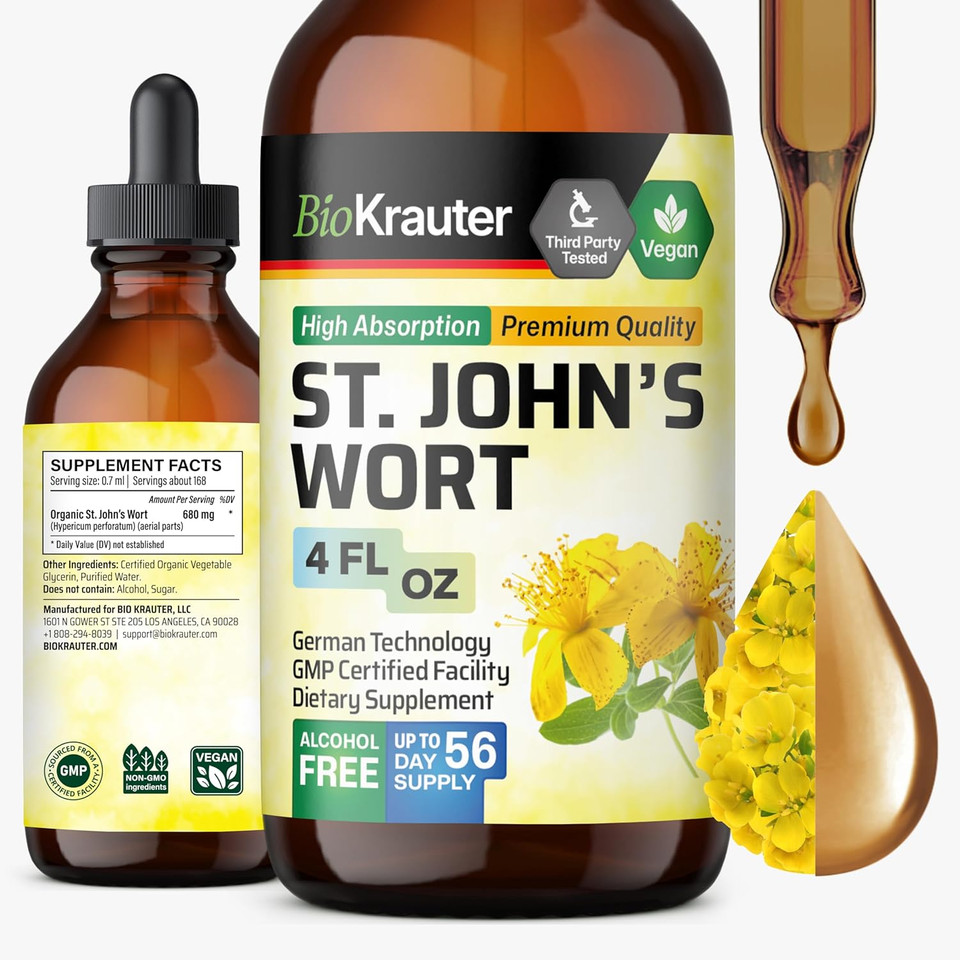 Bio Krauter St Johns Wort Tincture - Hypericum Perforatum Liquid Extract For Mood Support - High Absorption - St Johns Wort Alcohol Free Vegan Drops 4 Fl.Oz