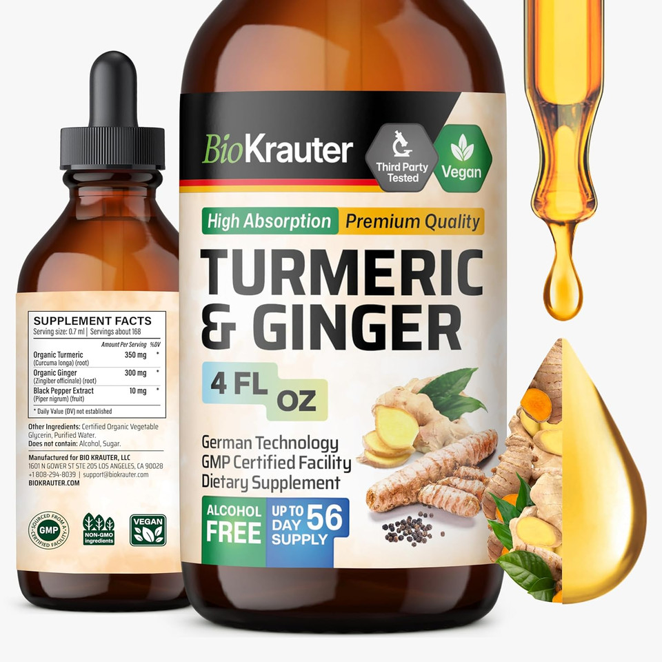 Bio Krauter Turmeric And Ginger Supplement Tincture - Curcumin Immune Support Drops - Turmeric Supplement With Black Pepper - Vegan Formula - 4 Fl.Oz