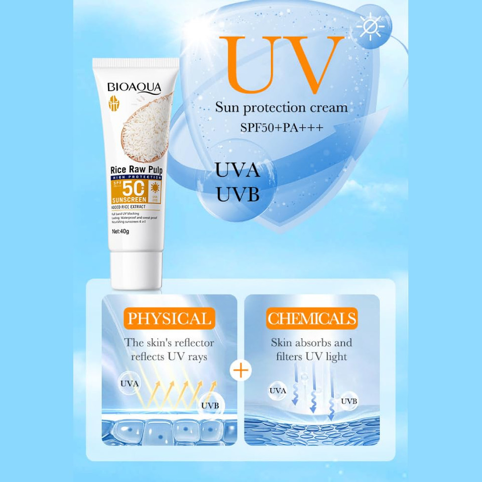 Bioaqua Rice Raw Pulp Sunscreen Spf 50 + Pa+++ Uva Uvb Uv Blocking Long Lasting Waterproof Sweat Proof Nourishing 4In1 Travel Size 40G / 1.41Oz