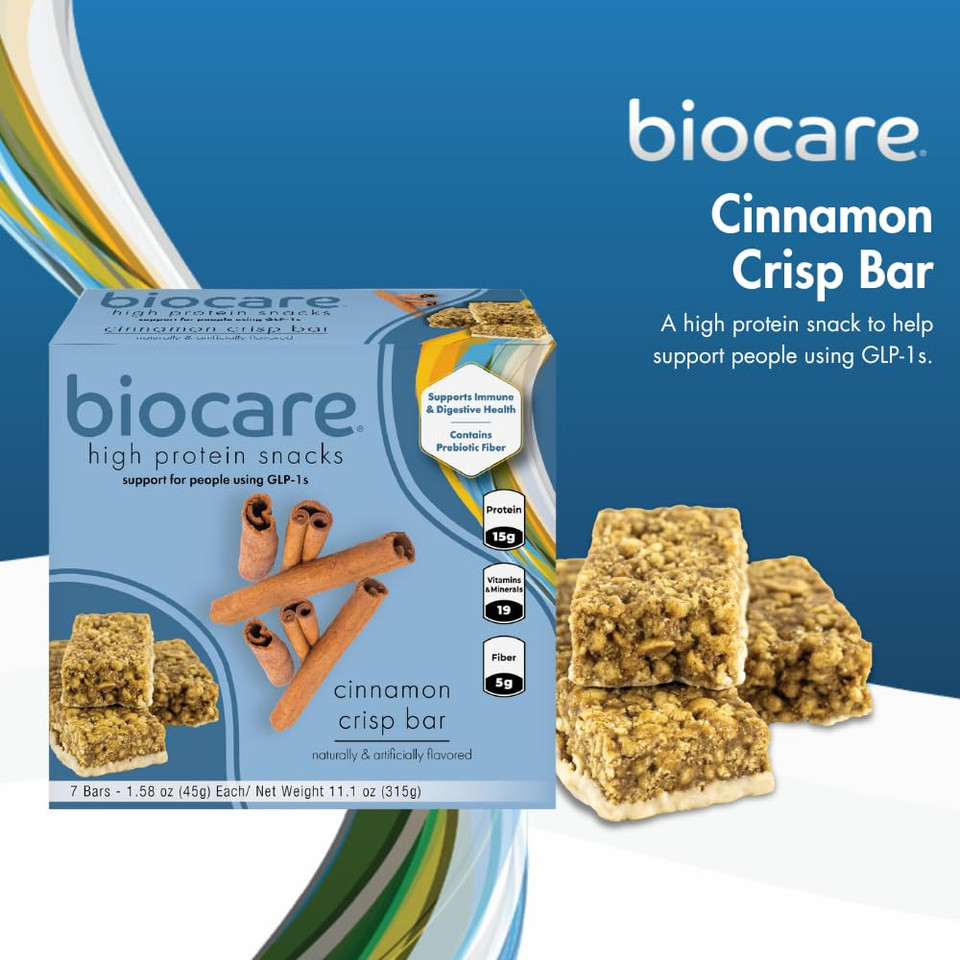 Biocare High Protein Snack Bar, Provides 15G Essential Protein, 5G Dietary Fiber, Cinnamon Crisp (7 Count)