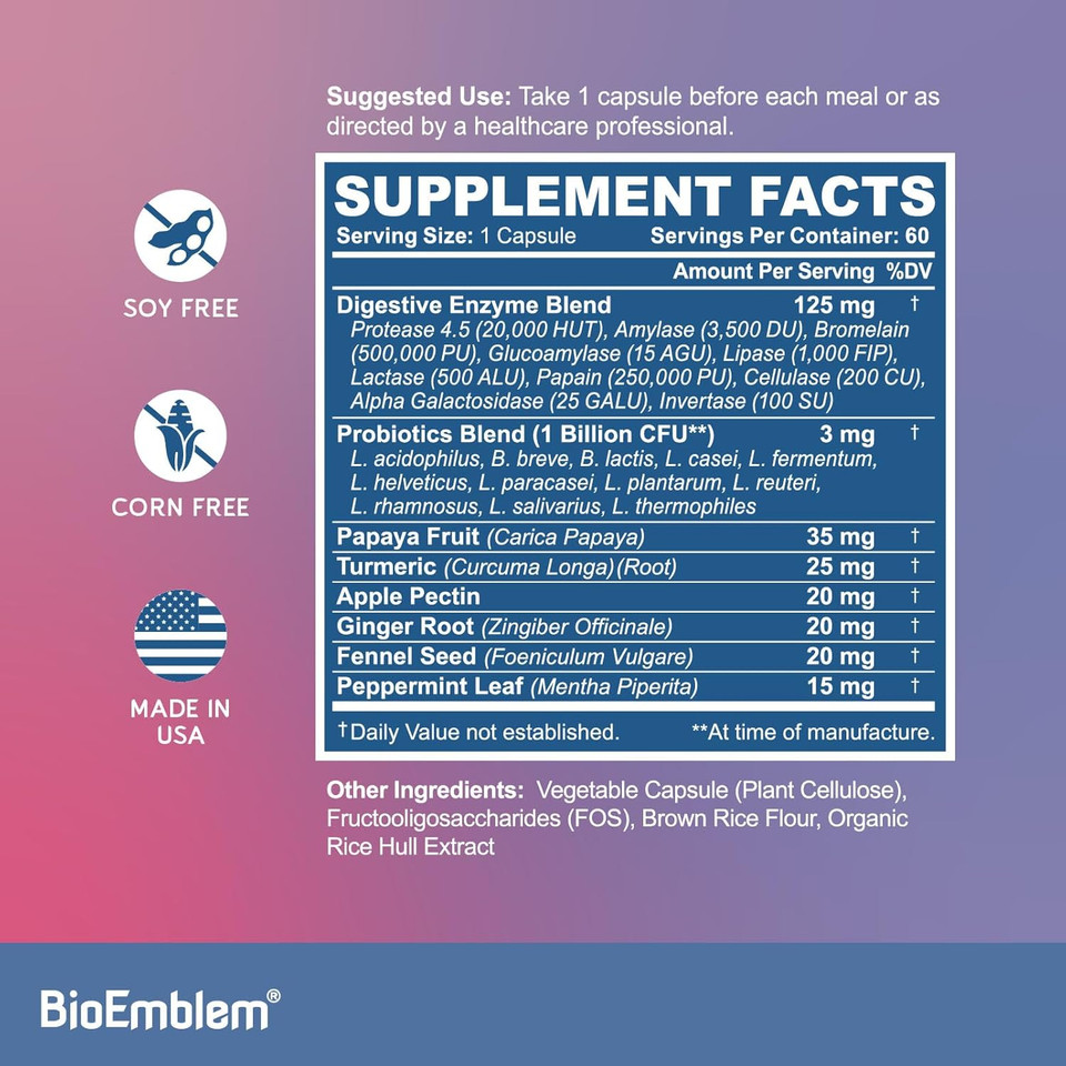 Bioemblem Digestive Enzymes - 10 Enzymes W/ 12 Strain 1 Billion Cfu Probiotics For Nutrient Absorption & Digestive Support - Papaya, Bromelain & Papain To Help Bloating & Gas - Non-Gmo - 60 Capsules